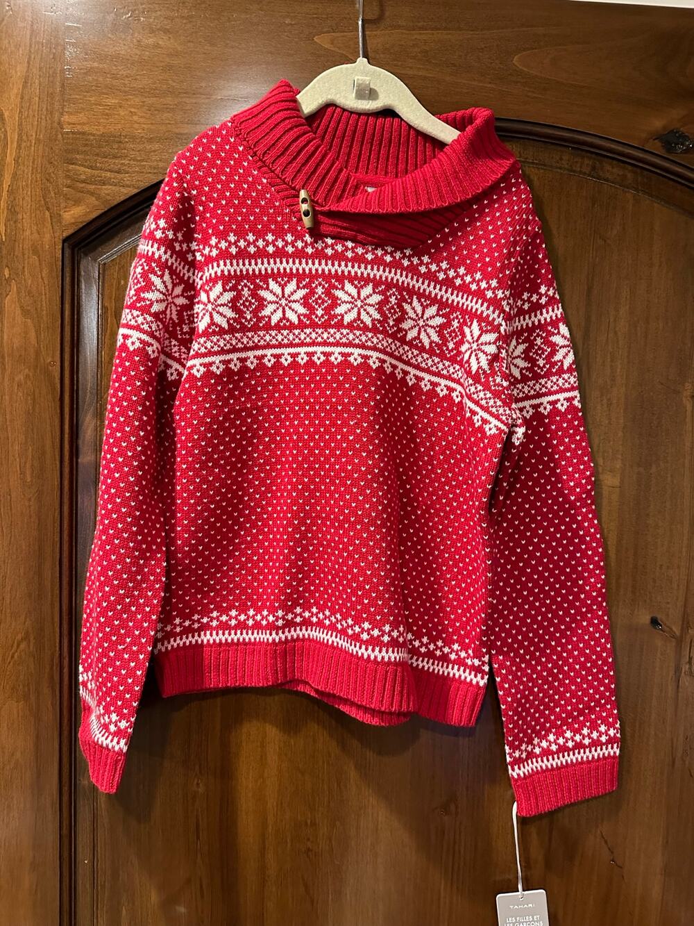 Tahari Kids Red Shawl Collar Fair Isle Sweater 7-8yrs